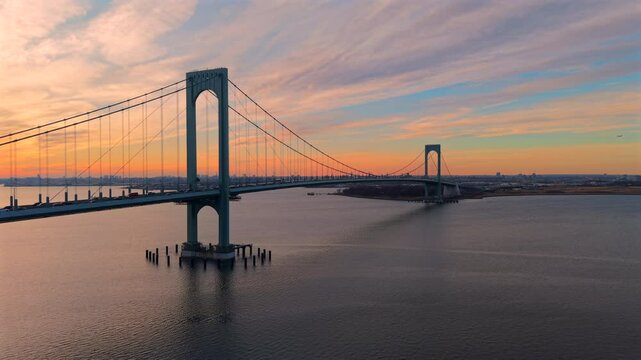 Sunset aerial 4K60p footage at White Stone bridge in New York City, NY