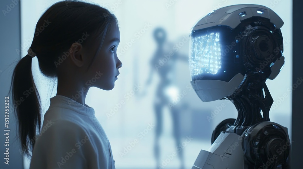 Poster human and robot interaction in a futuristic setting