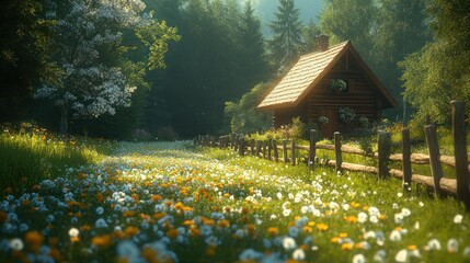 Fototapeta premium Sunny Meadow Cabin in Forest