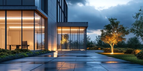 Fototapeta premium Modern office building, evening, landscaped garden, rain