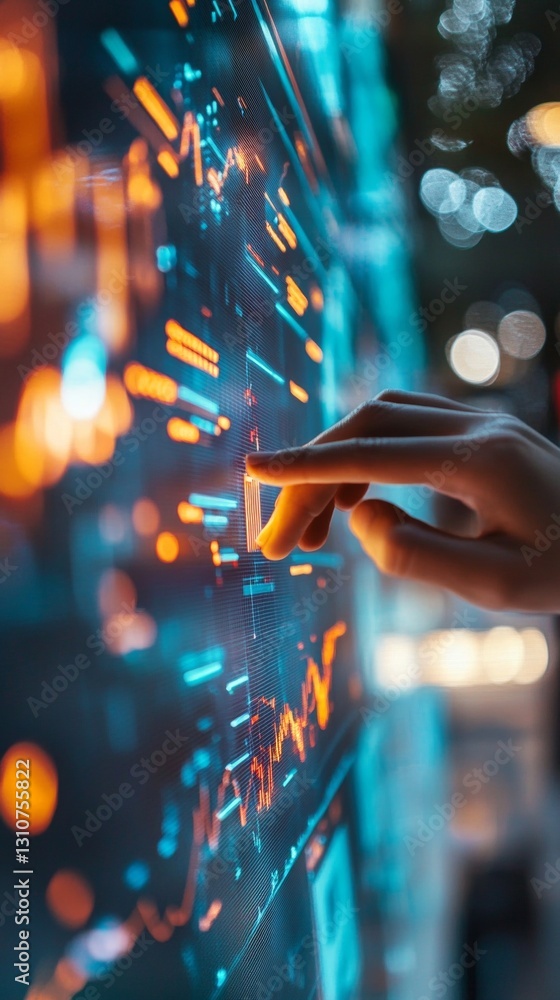 Poster user interacting with digital data interface displaying graphical information patterns