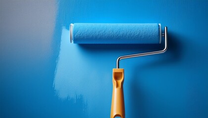 Fototapeta premium painting a bright blue wall with a roller