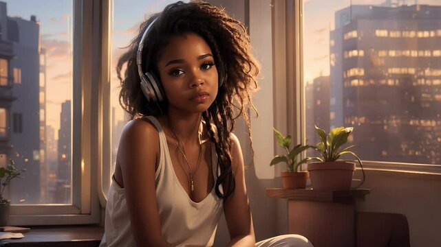 Young woman, sleepy African lofi girl with dreadlocks wearing headphones enjoying music as she is waking up in modern city apartment room with cityscape view. Cartoon style, animated female character