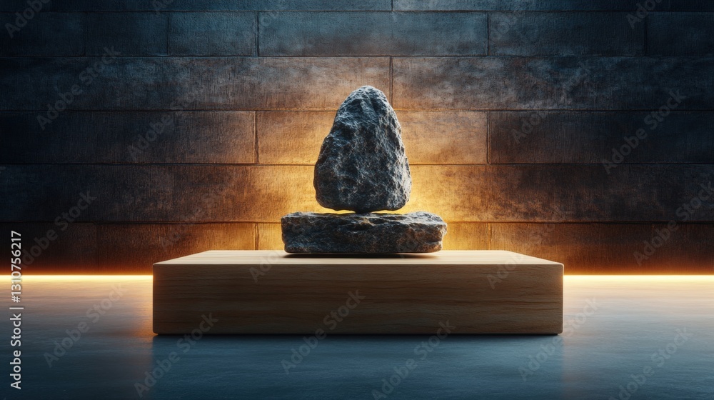 Poster simple yet striking image of a rock resting on a wooden block capturing the essence of nature and na
