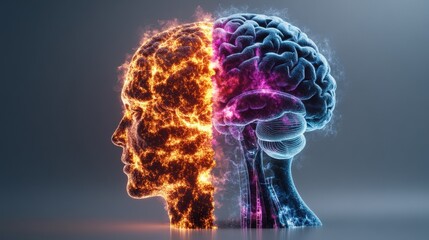 Human head silhouette with fiery flames inside symbolizing passion, creativity, and intense emotions bursting forth