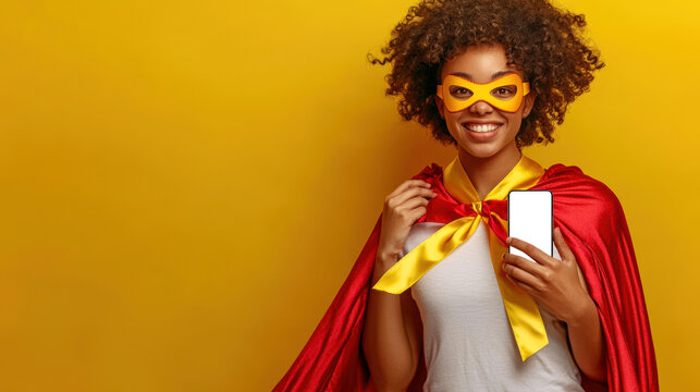 A beautiful smiling black woman in a red and yellow superhero costume holds a cell phone with a white screen in her hand. Phone mockup. The concept of combating hepatitis. Prevention and treatment