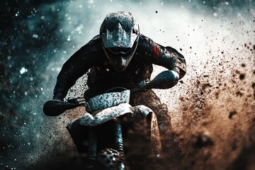 Fototapeta premium Motocross racer speeds through mud, splashing dirt, dramatic action shot