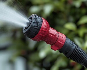 Red garden sprinkler spraying water.