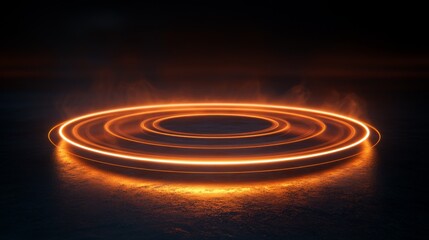 Fototapeta premium A glowing neon circular shape rests upon a dark surface