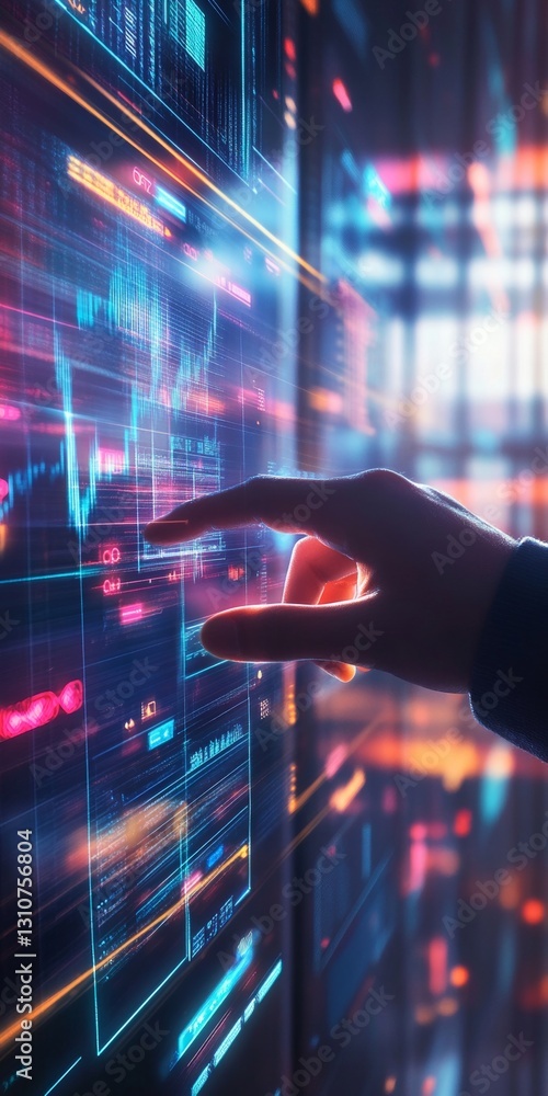 Poster futuristic data visualization with colorful graphics and hand interacting with digital interface