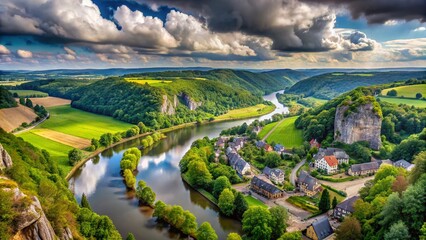 Obraz premium Panoramic Aerial: Freyr Castle, Meuse River & Dramatic Rock Formations, Namur Province, Belgium