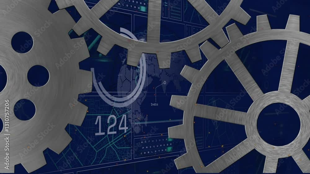Poster Animation of rotating gears with data visualization on digital interface at school