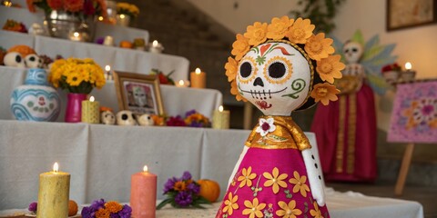 Colorful altars decorated for Dia de los Muertos celebration in a vibrant cultural setting