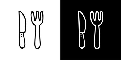Fork knife icon. Kitchen utensils. Household appliances. Black and white images. Line icons. Silhouettes.
