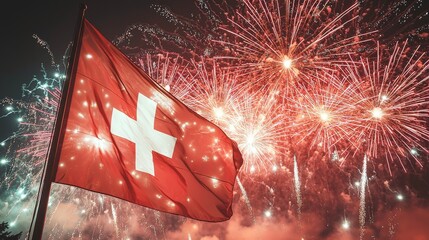 A vibrant Swiss flag waves proudly against a backdrop of dazzling fireworks display at night.