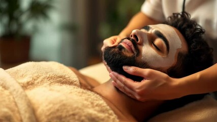Relaxed mid adult indian man getting beauty treatment, enjoying facial treatment professional masseuse massaging his face after applying face mask, promoting wellness and skincare in a spa setting
