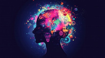 Silhouette of a human head filled with floating creative symbols reflecting innovative ideas and artistic expression in a futuristic design