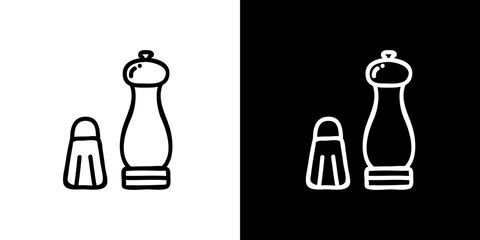 Salt shaker icon. Kitchen utensils. Household appliances. Black and white images. Line icons. Silhouettes.