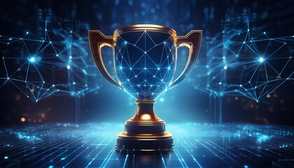 Trophy Icon with Network Connectivity: A trophy icon embedded in a digital network, symbolizing achievement and success in a connected technological environment. cup