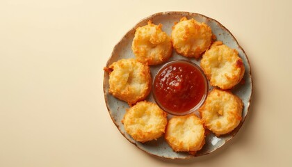 Fototapeta premium Golden Fried Dumplings Ringed Around a Fiery Red Dipping Sauce Delightfully Plated