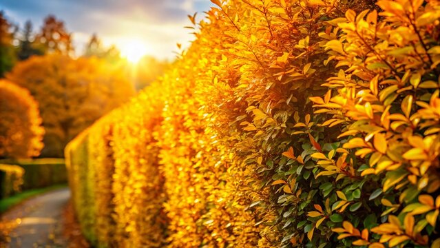 Panoramic Autumn Landscape: Golden Japanese Spindle Tree Hedge