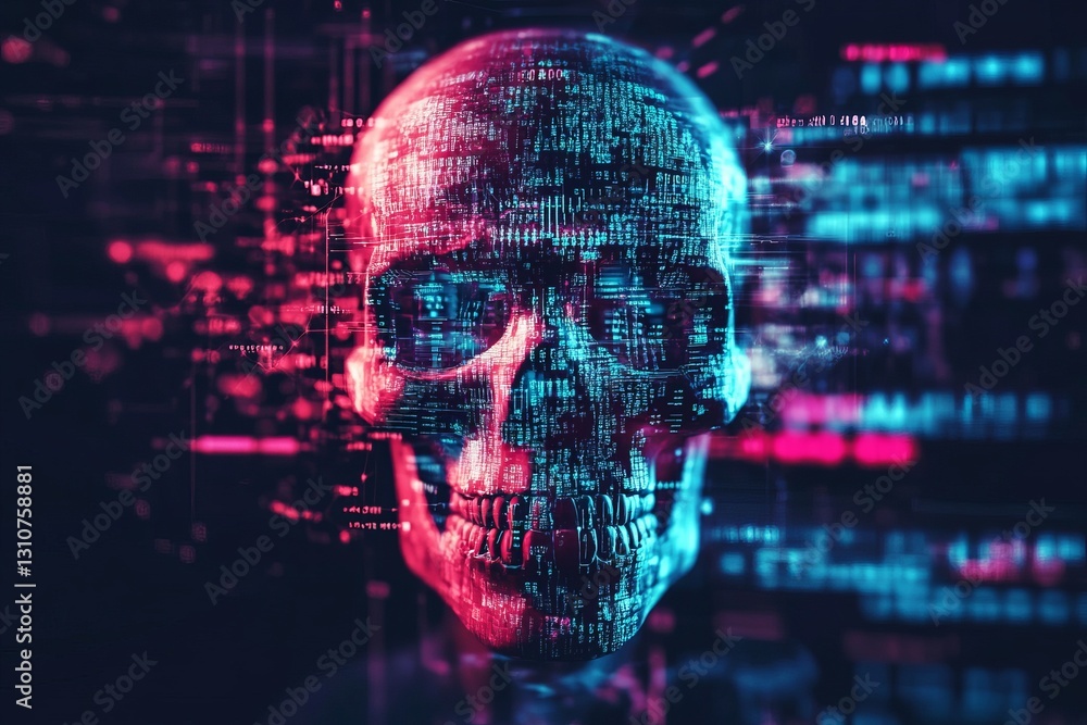Poster futuristic digital skull surrounded by glowing binary code vectors