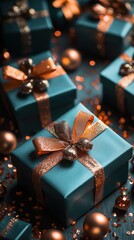 Elegant teal gift boxes with glittering copper ribbons and ornaments create a festive mood.