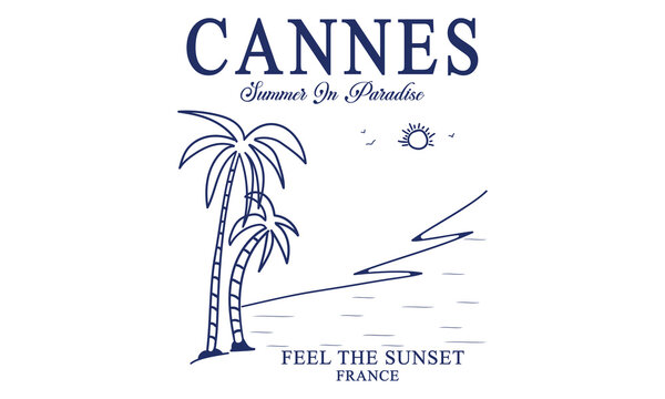 France Cannes Summer In Paradise Feel the sunset slogan tee typography print design. Vector t-shirt graphic or other uses.