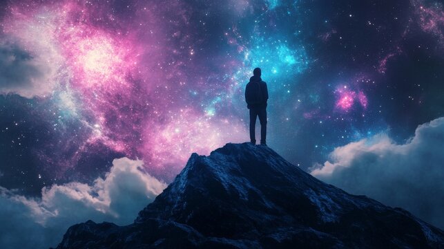 Silhouette of a man standing on a mountaintop gazing at a nebula