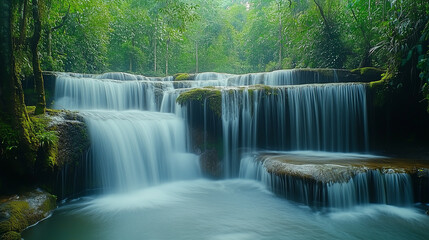 serene waterfall cascading over moss covered rocks creates tranquil scene, evoking feelings of peace and natural beauty