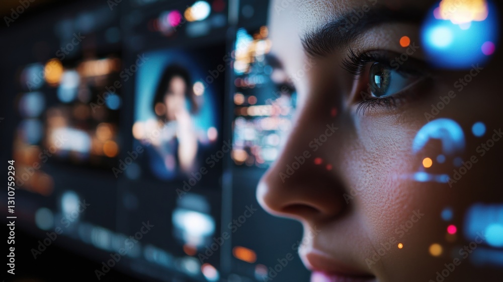Poster close up view of a video editor engaged with advanced editing software, meticulously analyzing foota