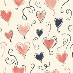 Minimalist hand-drawn Valentine pattern featuring subtle heart illustrations and elegant swirling accents on a light backdrop