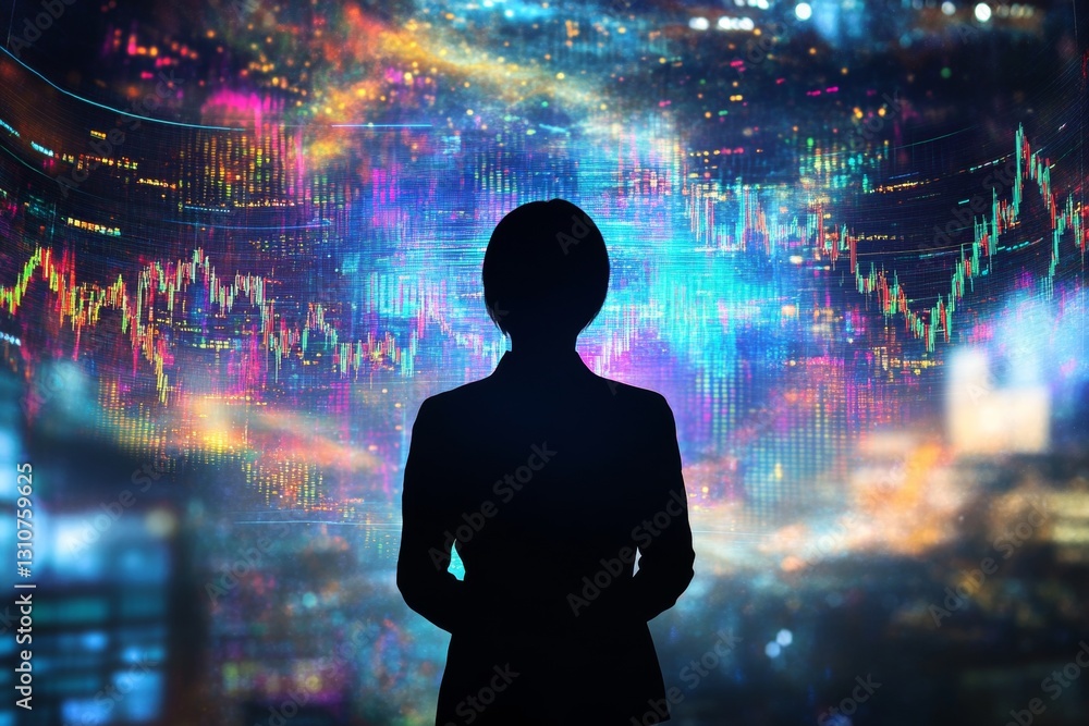 Poster a woman is standing in front of a computer screen with a lot of numbers