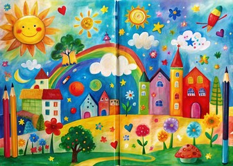 Panoramic Childlike Journal Cover with Playful Paint Strokes