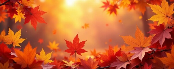 Fototapeta premium Fall leaves in shades of red, orange, and yellow, macro, foliage, close-up