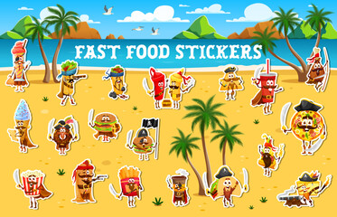 Obraz premium Cartoon fast food pirates and corsairs stickers pack. Vector ice cream, burrito, ketchup or mustard bottles, soda, pizza, burger, pretzel and popcorn. French fries, hotdog, taco, donut on sunny beach