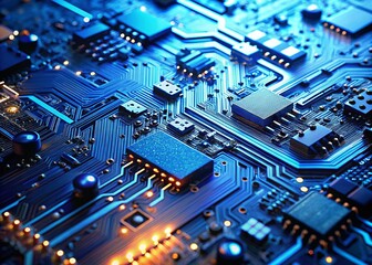 Panoramic Close-Up: Blue Circuit Board Technology Pathways