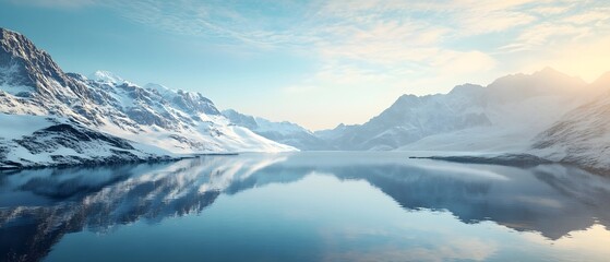 snow capped mountain peaks reflecting perfectly in the still frozen waters of a serene alpine lake at sunset  The tranquil