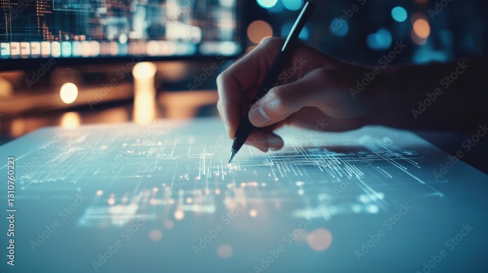 Poster close up of an engineer's hand using a stylus on a futuristic circuit board design projected on an i