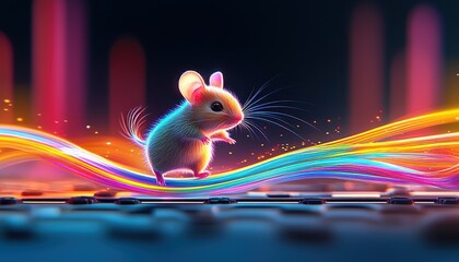Snarky Animal concept. A colorful, animated mouse is playfully dancing along a vibrant, glowing wave, set against a dark background filled with abstract patterns.