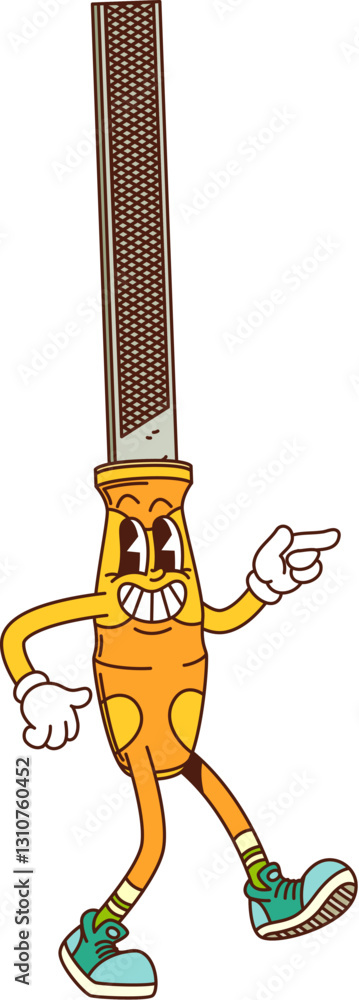 Poster Groovy file rasp, building and DIY repair tool character with freaky face, cartoon vector. Groovy rasp file tool character with grumpy in hipster shoes for building or DIY repair tool in retro cartoon