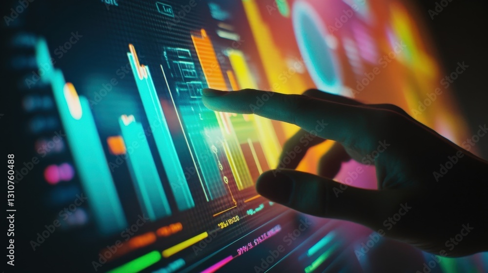 Poster a closeup of a hand reaching out to manipulate a holographic projection of upwardtrending graphs and