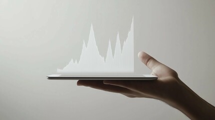 
Businessperson's hand holding tablet displaying financial growth charts, data graphs on white background. Concept of market analysis and investment