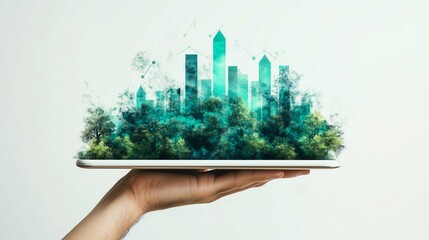 
Businessperson's hand holding tablet displaying financial growth charts, data graphs on white background. Concept of market analysis and investment