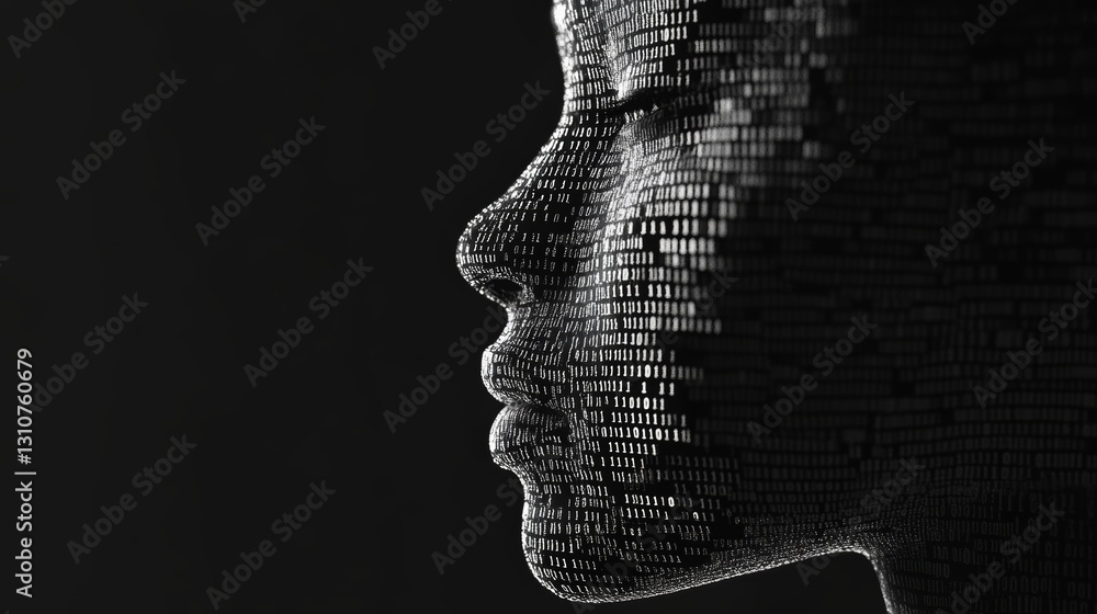 Poster digital face profile created with binary code on dark background