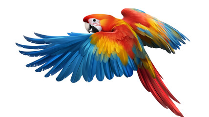 Fototapeta premium Colorful flying macaws parrot in action flying side view PNG and clipart with transparent background