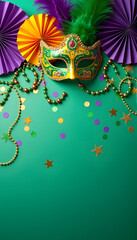 Mardi Gras mask with bright decor placed on a green backdrop