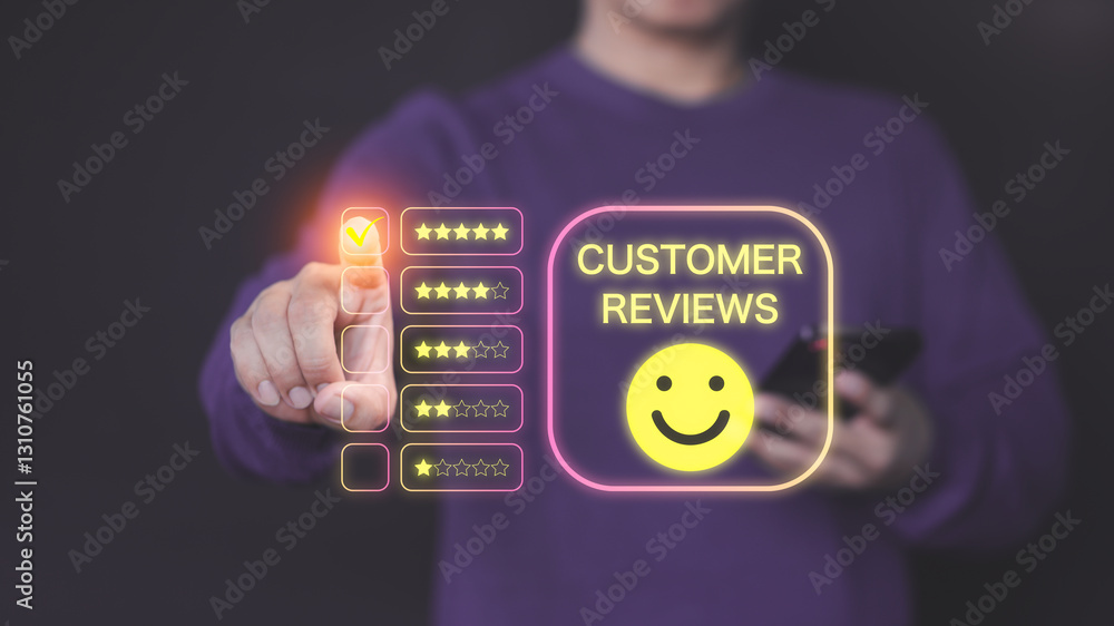 Poster male customer select five star and a happy face icon from a feedback. business concept of customer s