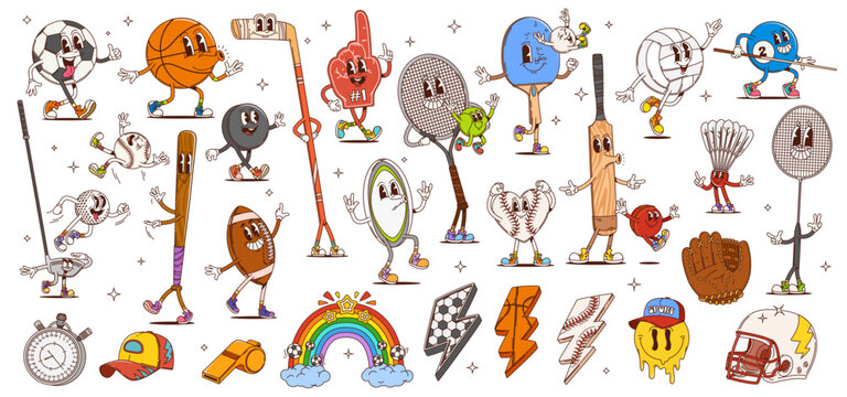 Cartoon groovy sport characters, hippie rainbow, smile emoji and lightnings. Funny sport equipment and player item vector personages of retro hippie balls, bats, glove and rackets, helmet and puck
