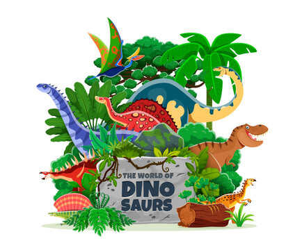 Prehistoric jurassic dinosaurs park vector poster. Cartoon funny tyrannosaurus rex, edaphosaurus, melanorosaurus and kentrosaurus, hypselosaurus and scutellosaurus dino animals, dinosaurs world park